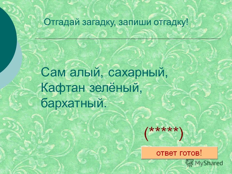 Сам алый сахарный кафтан зеленый бархатный ответ на загадку: «Сам алый сахарный, кафтан зеленый, бархатный» (загадка), 5 букв