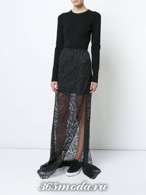 длинная гипюровая юбка с разрезом с черным свитером с чем носить