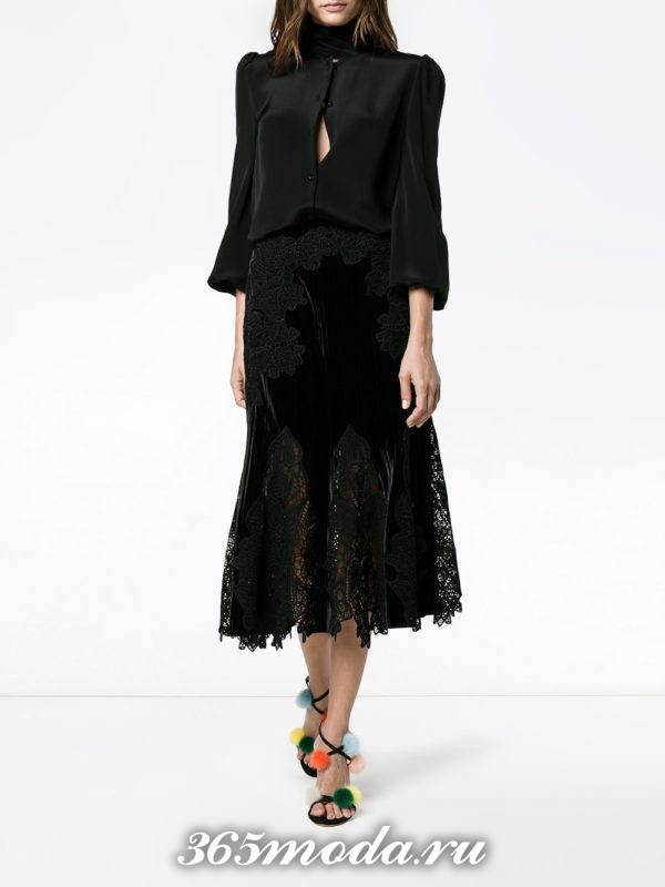 бархатная юбка годе с гипюровыми вставками с черной блузой с чем носить
