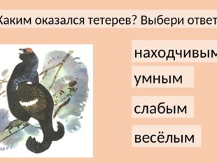 Каким оказался тетерев? Выбери ответ: находчивым умным слабым весёлым 