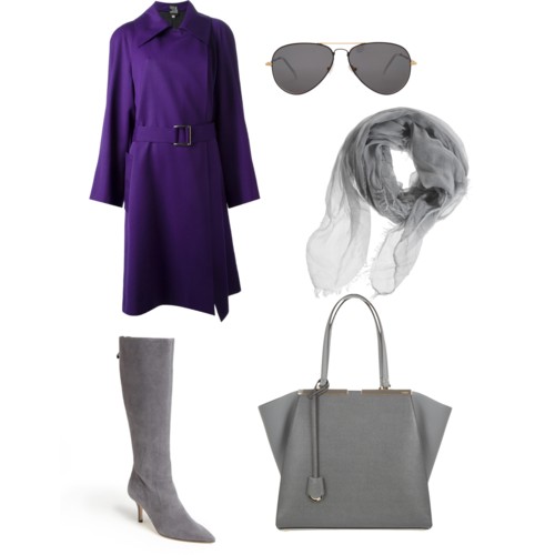серые сапоги и фиолетовое пальто