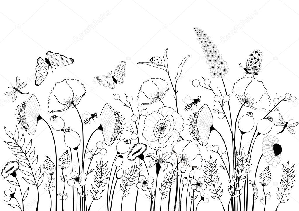 Раскраска цветы и трава: Трава и цветы